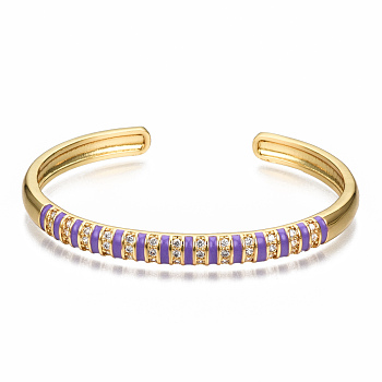 Brass Micro Pave Clear Cubic Zirconia Cuff Bangles, with Enamel, Nickel Free, Real 16K Gold Plated, Dark Orchid, Inner Diameter: 2-3/8x1-3/4 inch(5.9x4.5cm)