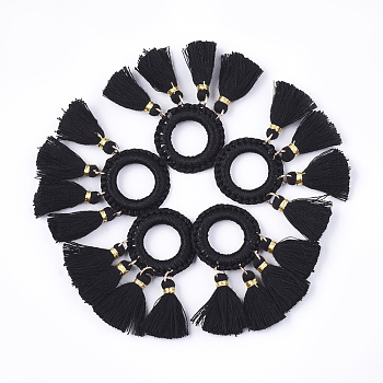 Polycotton(Polyester Cotton) Tassels Pendants, with Polyester Link Ring , Black, 45~50x25~26x3~4mm, Hole: 14mm