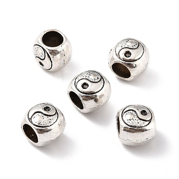 Alloy Beads, Large Hole Beads, Flat Round with Yin Yang Pattern, Antique Silver, 8.5x10x8.5mm, Hole: 5mm
