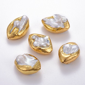 Natural Baroque Pearl Cultured Freshwater Pearl Beads, Covered with Brass, Golden Plated, 30~35x21~25x13~18mm, Hole: 0.7mm