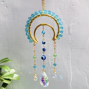 Glass Teardrop Pendant Decorations, Hanging Suncatchers, with Matal Moon Link and Evil Eye, for Home Garden Decorations, Turquoise, Pendant: 230m