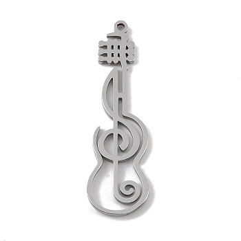 304 Stainless Steel Pendants, Laser Cut, Hollow Guitar with Musical Note Charm, Stainless Steel Color, 33.5x10x1mm, Hole: 1mm