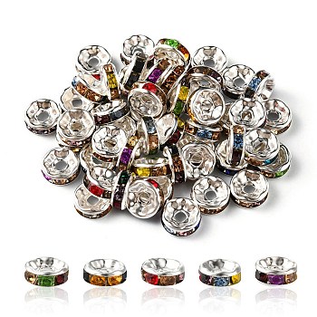 Iron Flat Round Spacer Beads, with Colorful Rhinestone, Silver, 8mm