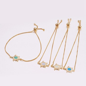 Adjustable Brass Bolo Bracelets, Slider Bracelets, with Synthetic Opal, Tortoise, Golden, Mixed Color, 9-7/8 inch(25cm), Link: 20x13.5x2.5mm