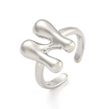 Brass Letter Open Cuff Rings for Women, Adjustable, Platinum, Letter N, 15~16.5x7~16.5mm