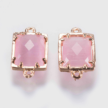 Glass Links connectors, with Brass Finding, Faceted, Rectangle, Golden, Pearl Pink, 15x9x4mm, Hole: 0.6mm