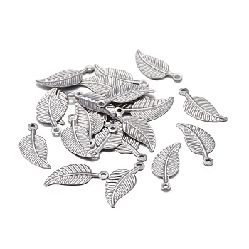 201 Stainless Steel Charms, Laser Cut, Leaf, Stainless Steel Color, 14x6x0.5mm, Hole: 0.8mm