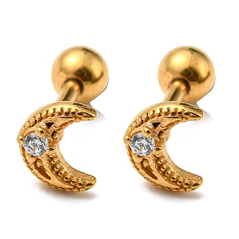 Ion Plating(IP) 304 Stainless Steel with Rhinestone Stud Earrings, Crescent Moon, Golden, 6.5x5mm