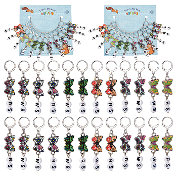 Alloy Enamel Butterfly Link Stitch Markers, WS/RS Crochet Leverback Hoop Charms, Locking Stitch Marker with Wine Glass Charm Ring, Mixed Color, 5.5cm, 6 colors, 2pcs/color, 12pcs/set