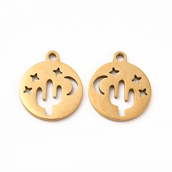201 Stainless Steel Charms, Flat Round with Hollow Out Cactus, Golden, 14x11.5x1mm, Hole: 1mm