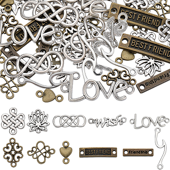 66pcs 11 styles Tibetan Style Alloy Connector Charms, Heart & Flower & Rectangle, Mixed Shapes, Mixed Color, 6~32x12.5~23x1.5~2mm, Hole: 2~9x2~5mm, 6pcs/style