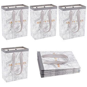 10Pcs Marble Pattern Paper Gift Bags, Portable Kraft Paper Tote Shopping Bag, with Polyester Handles, Marble Pattern, Rectangle with Word Happy Times, Light Grey, 32.5cm