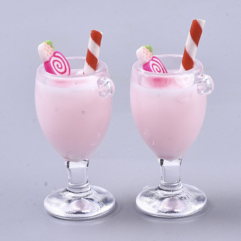 Imitation Juice Goblet Pendants(Straw Shape Color Random Delivery), Plastic Pendants, with Resin and Polymer Clay Inside, Strawberry, Pink, 45~50x22~23x19mm, Hole: 2mm