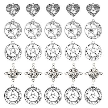 50Pcs 5 Style Tibetan Style Alloy Pendants, Cadmium Free & Lead Free, Mixed Shapes, Antique Silver, 22~33x22.5~30x1.5~2mm, Hole: 2mm, 10pcs/style