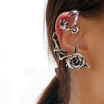 Alloy Rose Flower Stud Earrings, Climber Wrap Around Earrings for Women, Antique Silver, 63.5x45x14mm, Pin: 0.9mm