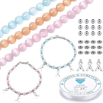 CHGCRAFT DIY Awareness Ribbon Charm Bracelet Making Kit, Including Cat Eye & 304 Stainless Steel Beads, Alloy Beads & Charms, Elastic Thread, Mixed Color, Charm: 10Pcs/box