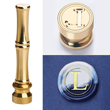 Golden Tone Brass Wax Seal Stamp Head with Bamboo Stick Shaped Handle, for Greeting Card Making, Letter L, 74.5x15mm
