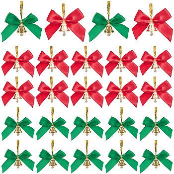 60Pcs 2 Colors Polyester Bowknot, Gift Pull Bows, with Iron Wire Twist Ties and Bell, for DIY Gift Wrap Decoration, Christmas Party Decoration, Mixed Color, 50x55x16mm, 30pcs/color