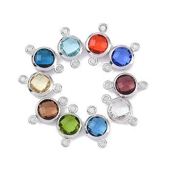 Brass Pave Cubic Zirconia Connector Charms, Flat Round Links, Mixed Color, Real Platinum Plated, 12x7x3mm, Hole: 1mm