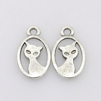 Tibetan Style Alloy Kitten Pendants, Cadmium Free & Lead Free, Oval with Cat Shape, Antique Silver, about 15mm long, 9mm wide, 2mm thick, hole: 1mm