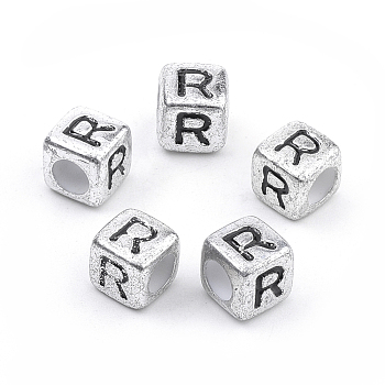 Plated Acrylic Beads, Horizontal Hole, Cube with Letter, Antique Silver, Letter.R, 6mm, Hole: 3mm, about 3000pcs/500g