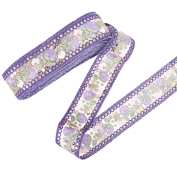 Ethnic Style Polyester Lace Trim, Embroidery Paillette Ribbon, Flower Pattern, Indigo, 1-3/4 inch(45mm)
