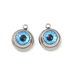 Printed 304 Stainless Steel & Glass Pendnats, Flat Round & Eye Charms, Stainless Steel Color, 12.5x10x6mm, Hole: 1.4mm(STAS-Q119-21P-01)