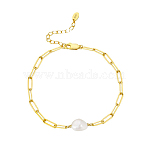 Natural Freshwater Pearls Bead Link Bracelets, with Adjustable 925 Sterling Silver Paperchip Chain Bracelets for Women, with S925 Stamp, Real 14K Gold Plated, 7-1/8 inch(18cm)(BJEW-I314-134)