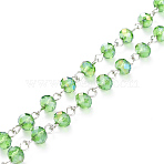 Handmade Electroplate Glass Beaded Chains, with Platinum Plated Iron Eye Pin, Unwelded, Lime Green, 39.37 inch(100cm), Beads: 8x6mm(X-AJEW-JB00529-08)