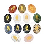 Natural & Synthetic Mixed Stone Pendants, Flat Oval Healing Stone Charms with Engraved Gold Hamsa Hand Pattern, 45x35~35.5x7~8mm, Hole: 2.5mm(GG-CBA2BD6-02)