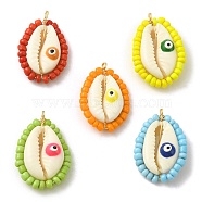 5Pcs 5 Colors Glass Seed Beaded Copper Wire Wrapped Shell Pendants, Shell Shape Charms with Evil Eye, Golden, Mixed Color, 28~31x18.5~20x8~8.5mm, Hole: 2mm, 1pc/color(PALLOY-TA00082)
