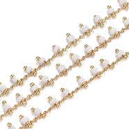 Brass Handmade Glass Beaded Chains, with Spool, Soldered, Long-Lasting Plated, Real 18K Gold Plated, Rondelle, White, Links: 2x2x0.8mm, Charm: 5.5x3mm, about 16.4 Feet(5m)/roll(CHC-F012-01B)