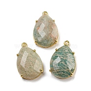 Natural Amazonite Pendants, Rack Plating Brass Faceted Teardrop Charms, Golden, 24~24.5x16~16.5x7mm, Hole: 1.5mm(G-M431-10G-11)