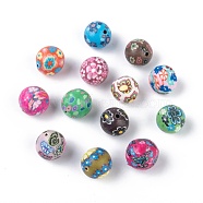 Handmade Flower Pattern Polymer Clay Beads, Round, Mixed Color, 11~12mm, Hole: 2mm(CLAY-Q175-M)
