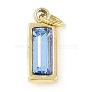 Glass Pendants, with Ion Plating(IP) 304 Stainless Steel Findings, Manual Polishing, with Jump Ring, Rectangle Charms, Real 18K Gold Plated, Light Sky Blue, 11x4x3.5mm, Hole: 2.5mm(STAS-P366-40G-03)