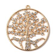 Zinc Alloy Pendants, with Crystal Rhinestone, Flat Round with Tree of Life, Light Gold, 48.5x45x3mm, Hole: 1.8mm(FIND-WH0044-69LG)