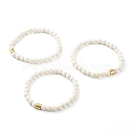 Round Natural Lava Rock Beads Stretch Bracelet for Girl Women, Column Brass Micro Pave Cubic Zirconia Beads Bracelet, Golden, Mixed Pattern, White, Inner Diameter: 2-1/4 inch(5.6cm)(BJEW-JB06973)