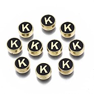 Alloy Enamel Beads, Cadmium Free & Lead Free, Light Gold, Flat Round with Alphabet, Black, Letter.K, 8x4mm, Hole: 1.5mm(ENAM-N052-006-02K-RS)