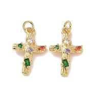 Cross Brass Micro Pave Colorful Cubic Zirconia Pendants, with Jump Rings, Cadmium Free & Lead Free, Real 18K Gold Plated, 20x13x3mm, Hole: 3.4mm(KK-G406-33G)