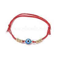 Adjustable Nylon Thread Braided Bead Bracelets, with Brass Beads and Brass Enamel Evil Eye Links connectors, Blue, 1-3/4 inch(46mm)~3-1/4 inch(82mm)(BJEW-JB05034-01)
