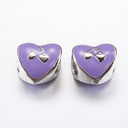 Alloy Enamel European Beads, Large Hole Beads, Heart with Cherry, Platinum, Purple, 10x10x7.5mm, Hole: 5mm(PALLOY-F200-02E)