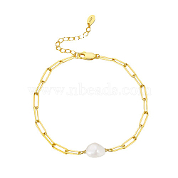 Natural Freshwater Pearls Bead Link Bracelets, with Adjustable 925 Sterling Silver Paperchip Chain Bracelets for Women, with S925 Stamp, Real 14K Gold Plated, 7-1/8 inch(18cm)(BJEW-I314-134)