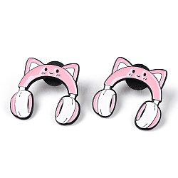 Earphone Enamel Pin, Cartoon Alloy Brooch for Backpack Clothes, Electrophoresis Black, Pink, 28x30x2mm, Pin: 1mm(JEWB-K053-28EB)