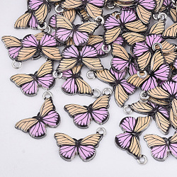 Printed Alloy Pendants, with Enamel, Butterfly, Platinum, Pink, 13x20x2mm, Hole: 1.6mm(PALLOY-R111-13F)