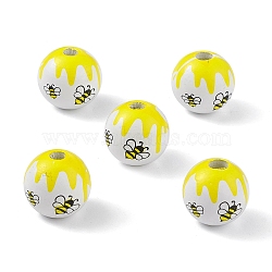 Printed Natural Wood European Beads, Large Hole Bead, Round with Bee Pattern, Yellow, 16mm, Hole: 4mm(WOOD-C015-09B)