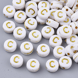 Plating Acrylic Beads, Golden Metal Enlaced, Horizontal Hole, Flat Round with Alphabet, White, Letter.C, 7x3.5mm, Hole: 1.2mm, about 3600pcs/500g(PACR-R242-01C)