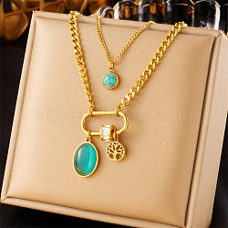 Retro Stainless Steel Double Layer Necklaces, Glass & Synthetic Turquoise Pendant Necklaces for Women, Golden, Oval, 16.54 inch(42cm)(PW-WG35A2F-02)