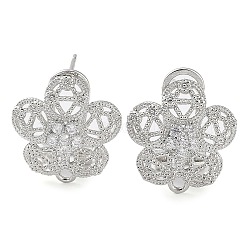 Flower Brass Micro Pave Cubic Zirconia Stud Earrings Finding, with Horizontal Loops, Cadmium Free & Lead Free, Platinum, 16x15mm, Hole: 1.5mm, Pin: 0.8mm(KK-E083-21P)