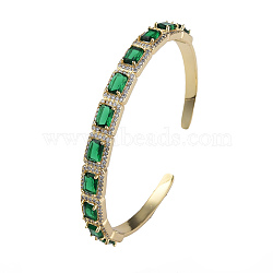 Cubic Zirconia Rectangle Open Cuff Bangle, Real 18K Gold Plated Brass Jewelry for Women, Green, Inner Diameter: 2-1/4 inch(5.7cm)(BJEW-N012-029C)