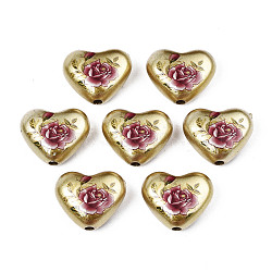Spray Painted Opaque Acrylic Beads, Heart with Flower, Dark Khaki, 16x19x8mm, Hole: 2mm(SACR-S305-28-E03)